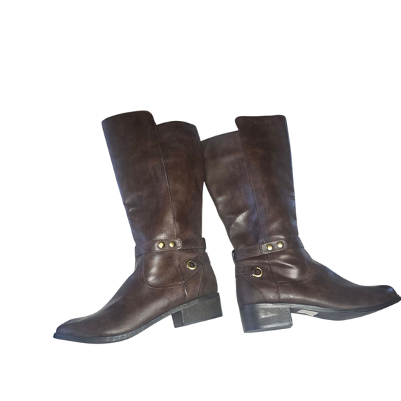 Brown Tall Boots, Gold Accents, Y2K, NWT, Slight Wedge, Boho - Picture 1 of 8